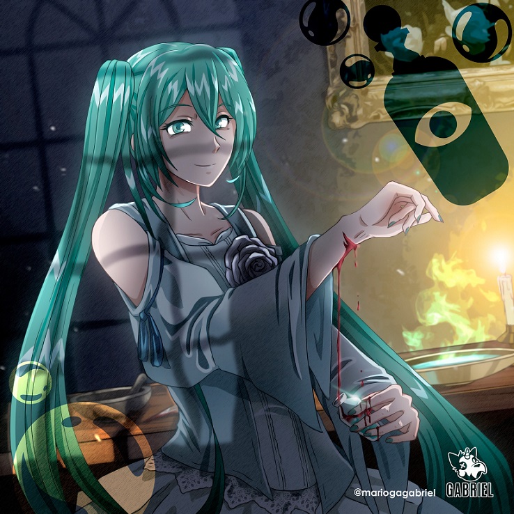 aqua_eyes aqua_hair aqua_nails artist_logo bleeding blood blue_dress bottle bubble candle clothing_cutout collarbone dress dress_flower evil_smile evillious_nendaiki flower grey_dress hair_between_eyes hatsune_miku holding holding_bottle injury logo long_hair looking_at_viewer margarita_blankenheim mario_gagabriel mortar_(bowl) nemurase_hime_kara_no_okurimono_(vocaloid) portrait_(object) pouring project_sekai self-harm shoulder_cutout smile twintails twitter_username very_long_hair vocaloid wide_sleeves window_shadow wrist_cutting