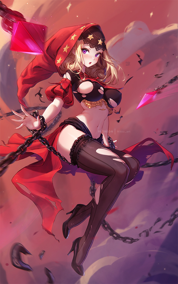 1girl blonde_hair blue_eyes chain covered_erect_nipples frilled_garter gypsy hood jewelry midriff mitsu_(mitsu_art) navel odin_sphere open_mouth puff_and_slash_sleeves puffy_sleeves red_hood ring showgirl_skirt sitting solo striped_clothes striped_thighhighs thighhighs thighs torn_clothes torn_thighhighs velvet_(odin_sphere) vertical-striped_clothes vertical-striped_thighhighs