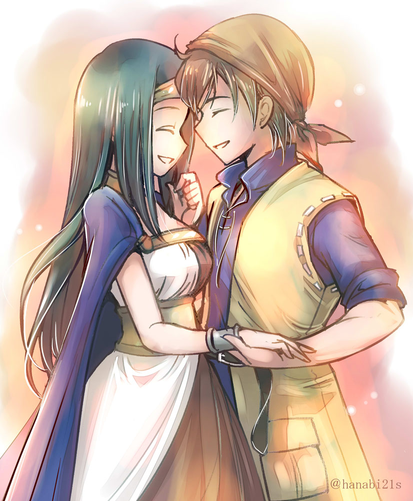1boy 1girl ^_^ bandana black_hair blue_cape brown_hair cape closed_eyes commentary_request dragon_quest dragon_quest_viii dress hanabi21dq hero_(dq8) hetero holding_hands long_hair medea_(dq8) orange_bandana smile white_dress
