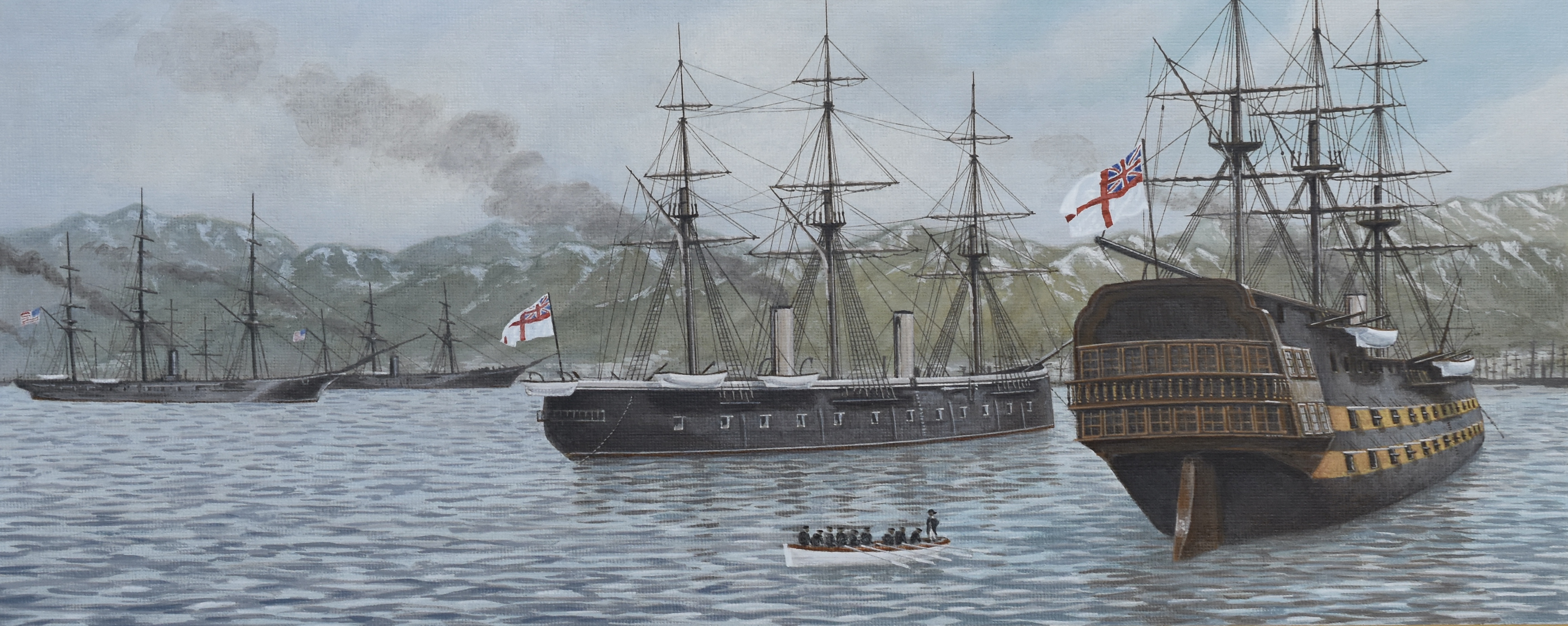 6+others absurdres acrylic_paint_(medium) american_flag atelier_bono boat commentary highres historical_event hms_ocean_(1863) hms_rodney_(1833) ironclad japan mast military_vehicle mountainous_horizon multiple_others original painting_(medium) port royal_navy scenery ship ship_of_the_line smoke smokestack traditional_media united_states_navy vehicle_focus warship watercraft