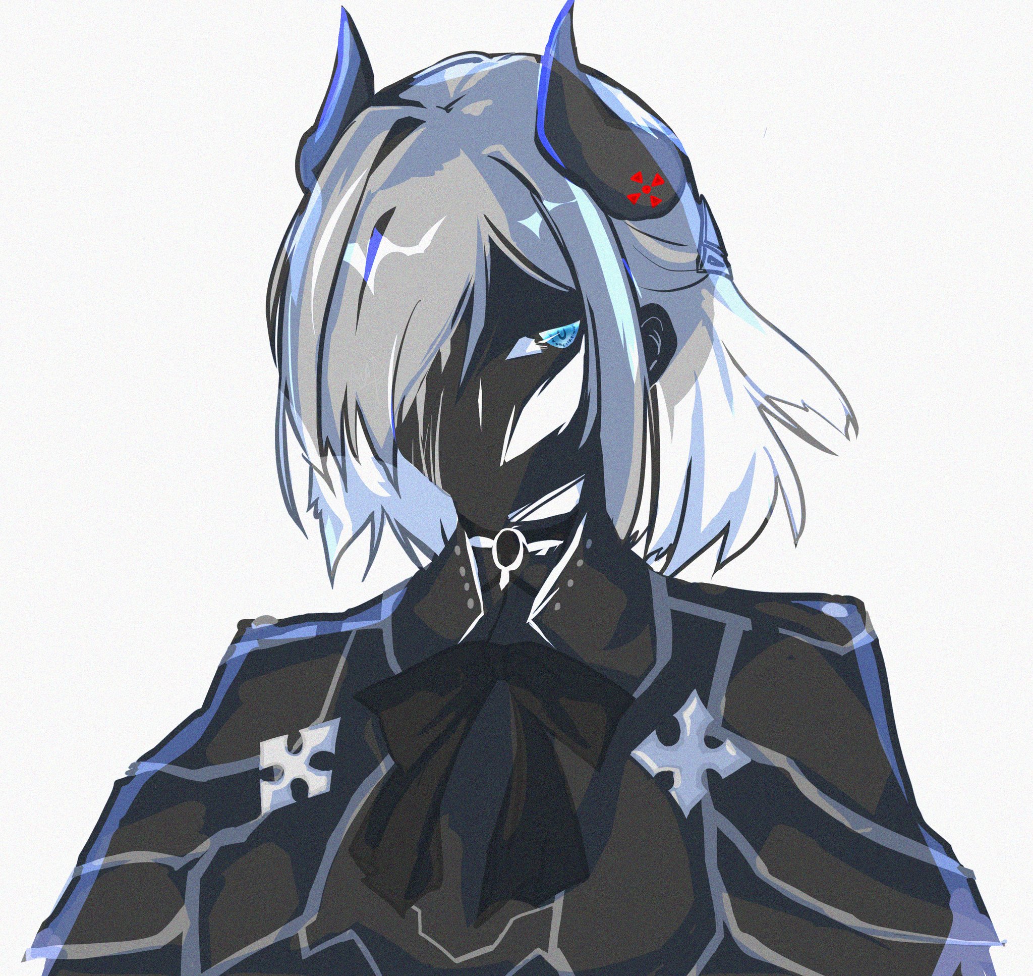 1girl arms_at_sides assault_lily black_bow black_bowtie black_horns black_jacket blue_eyes bow bowtie commentary_request eyes_in_shadow grey_background grey_hair hair_between_eyes hair_over_one_eye highres horns jacket kurokuazu long_sleeves looking_at_viewer medium_hair multicolored_hair no_mouth one_eye_covered sekino_youko simple_background solo two-tone_hair upper_body white_hair