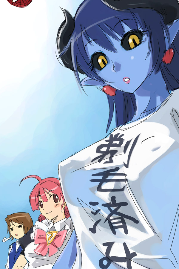 3girls astaroth_(shinrabanshou) black_sclera blue_hair blue_skin breasts casual clothes_writing colored_sclera colored_skin covered_erect_nipples earrings heart heart_earrings horns jewelry large_breasts maid marvel michael_f91 multiple_girls pointy_ears shinrabanshou shirt spider-man spider-man_(series) t-shirt translated we-tan yellow_eyes