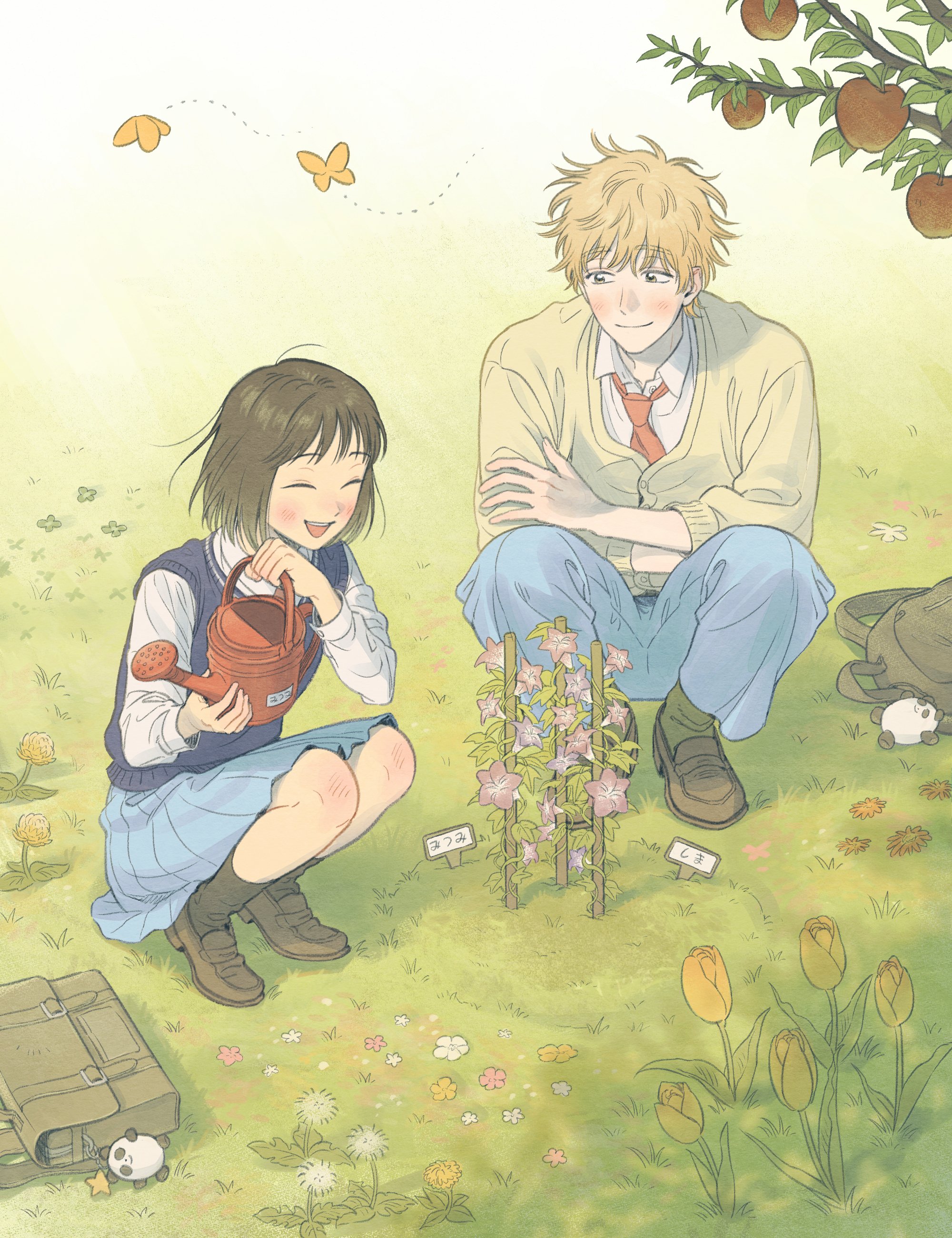 1boy 1girl absurdres animal_charm ankle_socks apple apple_tree backpack bag bag_charm black_hair black_socks blonde_hair blue_pants blue_skirt blue_sweater_vest blunt_bangs blush branch brown_shoes bug butterfly buttoned_cuffs buttons cardigan charm_(object) closed_eyes closed_mouth clover collared_shirt crossed_arms dandelion dandelion_seed dappled_sunlight day dress_pants dress_shirt elbow_rest facing_viewer flat_chest floating_hair flower food four-leaf_clover fruit full_body gatan666 gradient_background grass green_background hair_between_eyes half-closed_eyes hand_on_own_elbow happy highres holding holding_watering_can insect iwakura_mitsumi knee_blush laughing leaf light_blush loafers long_sleeves looking_at_another messy_hair morning_glory nature necktie open_mouth orange_flower outdoors pants pink_flower plant pleated_skirt purple_flower red_necktie school_bag school_uniform shadow shima_sousuke shirt shoes short_hair shoulder_bag sideways_glance simple_background simple_flower skip_to_loafer skirt sleeve_cuffs socks squatting straight_hair sunlight sweater_vest teeth thick_eyebrows tree tree_shade trellis tsubame_nishi_high_school_uniform tulip upper_teeth_only vines watering_can white_background white_flower white_shirt wispy_bangs yellow_background yellow_butterfly yellow_cardigan yellow_eyes yellow_flower yellow_tulip