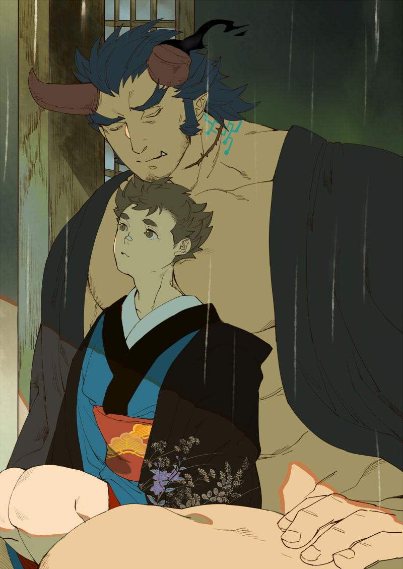 2boys bandaid bandaid_on_face bandaid_on_nose bara blue_hair blue_kimono broken_horn brown_eyes brown_hair closed_eyes closed_mouth commentary_request dark_blue_hair demon_boy demon_horns facial_hair fiery_horns floral_print forked_eyebrows hinokumo_f horns japanese_clothes kimono large_pectorals long_sideburns male_focus mature_male medium_hair multiple_boys muscular muscular_male open_clothes open_kimono pectorals protagonist_1_(housamo) rain red_sash sash scar short_hair sideburns size_difference takemaru_(housamo) thick_eyebrows tokyo_houkago_summoners tusks yaoi