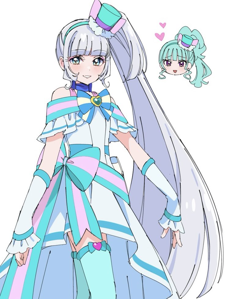 1girl aqua_eyes aqua_thighhighs arm_warmers blunt_bangs bow bow_choker brooch choker cosplay cowboy_shot cure_lillian cure_lillian_(cosplay) cure_nyammy dress hairband hat heart heart_brooch jewelry long_hair looking_at_viewer magical_girl mini_hat nekoyashiki_mayu nekoyashiki_yuki off-shoulder_dress off_shoulder precure shirako_love side_ponytail simple_background sleeveless sleeveless_dress smile standing straight_hair striped_bow thighhighs very_long_hair white_background white_dress white_hair wonderful_precure!
