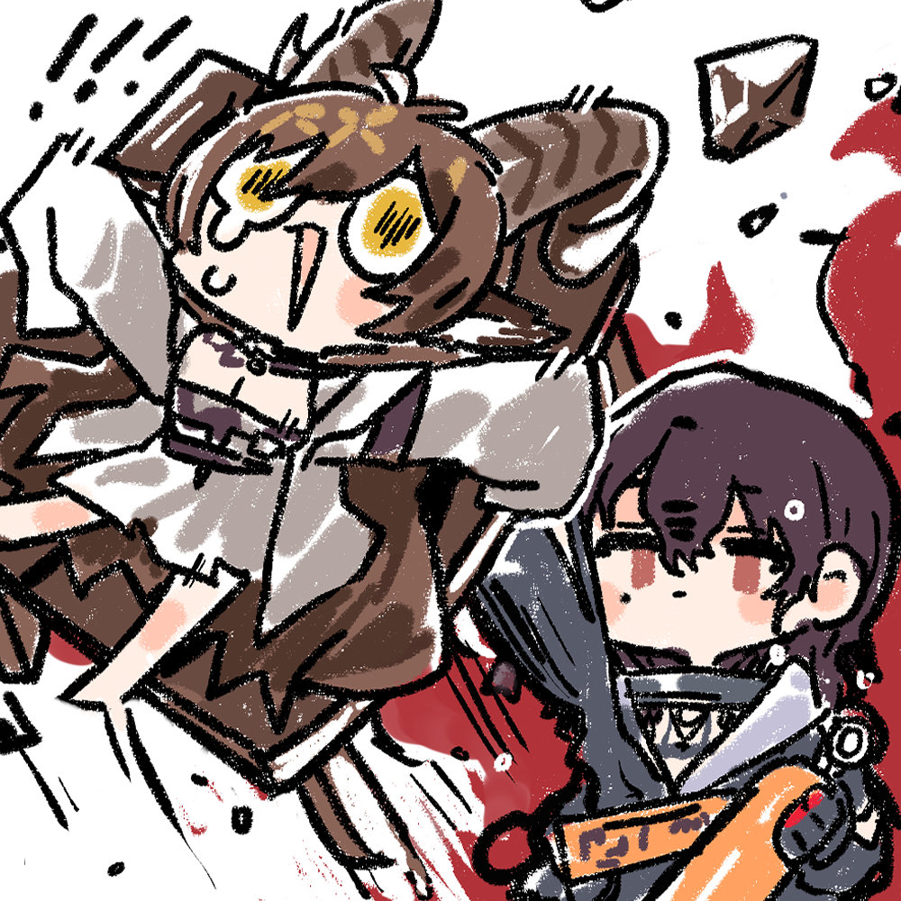 ! !! 2girls baalia_(neural_cloud) black_hair brown_hair chibi chibi_only chinese_commentary cui_pi_zha_xia_qiu girls&#039;_frontline girls&#039;_frontline_neural_cloud hatsuchiri_(neural_cloud) mole mole_under_eye multiple_girls official_art open_mouth oxygen_tank second-party_source spacesuit tears wavy_hair
