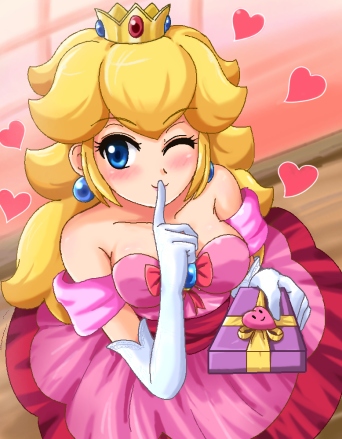 blonde_hair blush crown dress gift heart holding holding_gift indoors looking_at_viewer lowres mario_(series) nintendo one_eye_closed princess_peach ribbon sigurd_hosenfeld smile super_mario_bros._1