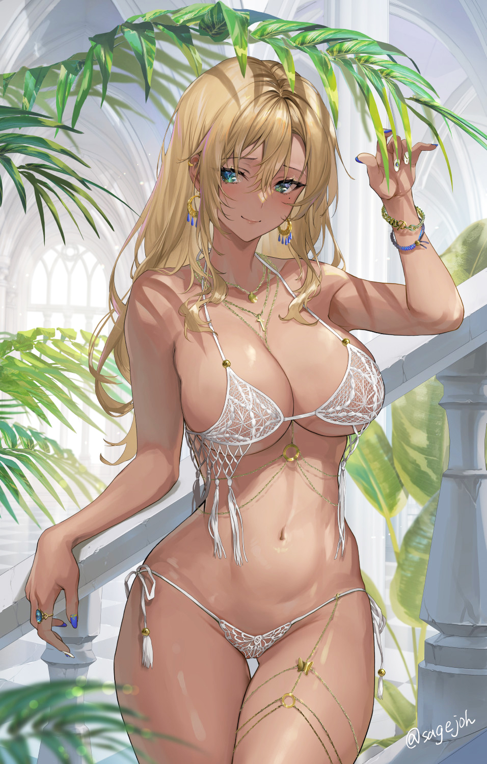 1girl belly_chain bikini blonde_hair blue_nails blurry blush bracelet breasts cleavage closed_mouth cowboy_shot cross cross_necklace dark-skinned_female dark_skin depth_of_field ear_piercing earrings green_eyes hair_between_eyes hand_up highres jewelry lace_bikini large_breasts latin_cross leaf long_hair looking_at_viewer mole mole_under_eye multiple_necklaces nail_art nail_polish navel necklace original piercing plant railing revision ring sage_joh side-tie_bikini_bottom sideboob smile solo string_bikini swimsuit tassel thigh_gap thighs twitter_username underboob vegetation white_bikini