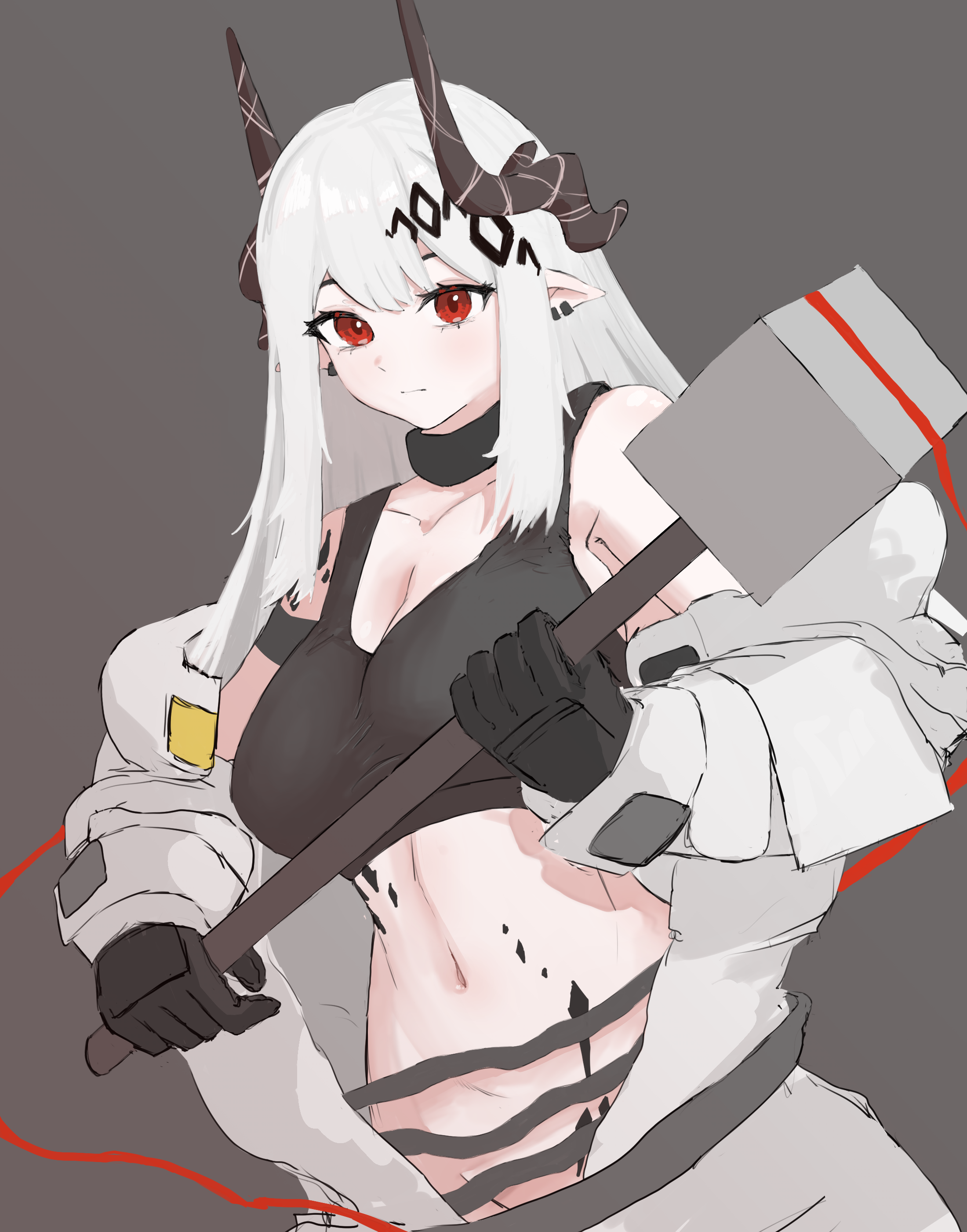 1girl absurdres arknights bare_shoulders black_gloves black_horns breasts cleavage commentary_request gloves grey_background hammer heii! highres holding holding_hammer holding_weapon horns jumpsuit korean_commentary large_breasts long_hair long_sleeves material_growth midriff mudrock_(arknights) mudrock_(elite_ii)_(arknights) navel off_shoulder oripathy_lesion_(arknights) pointy_ears red_eyes sledgehammer solo weapon white_hair