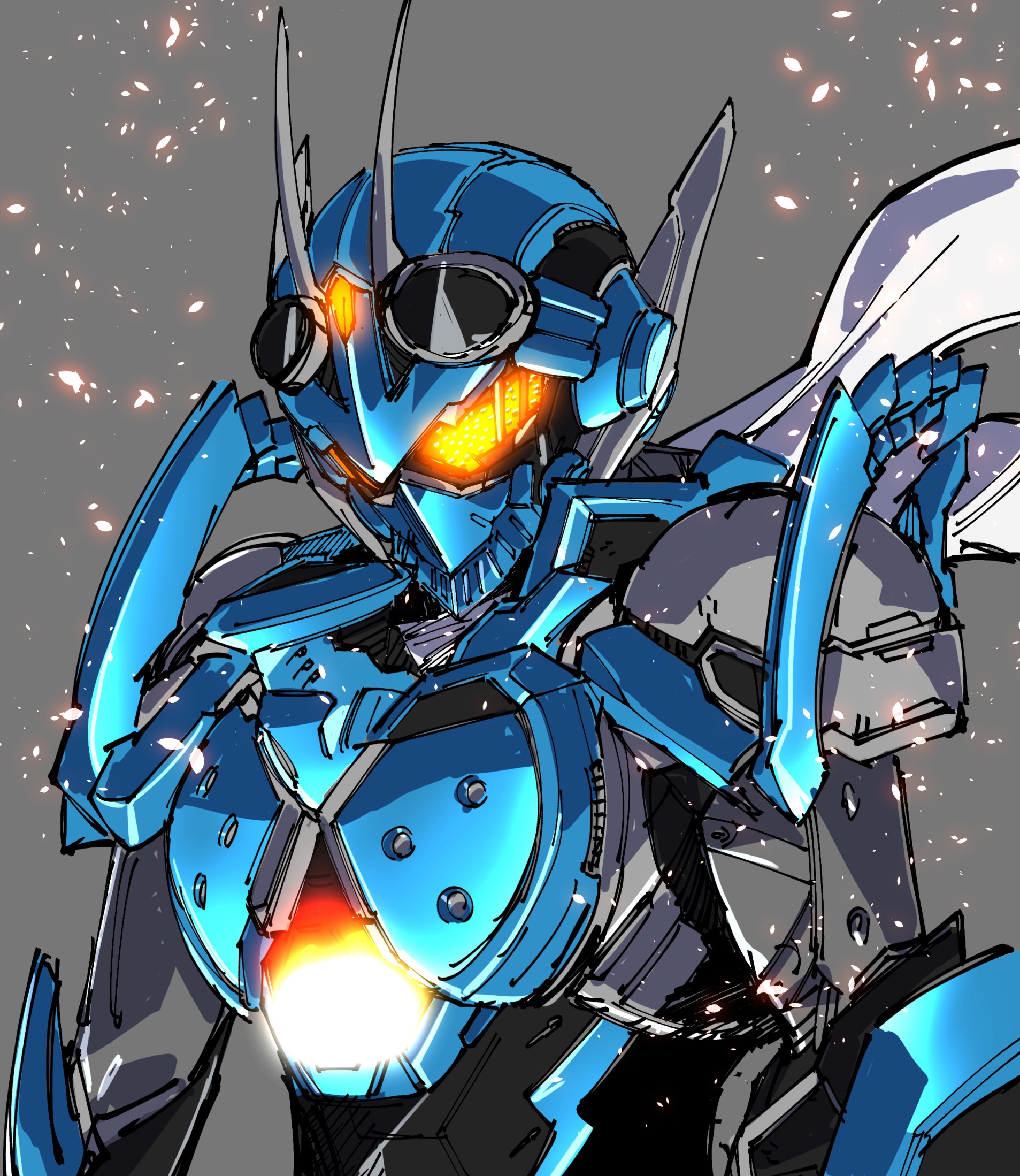 1boy amakawa_mayu armor black_bodysuit blue_armor bodysuit embers glowing glowing_eyes goggles goggles_on_head highres kamen_rider kamen_rider_gotchard looking_at_viewer male_focus orange_eyes scarf solo steam_hopper tokusatsu upper_body white_scarf yellow_eyes