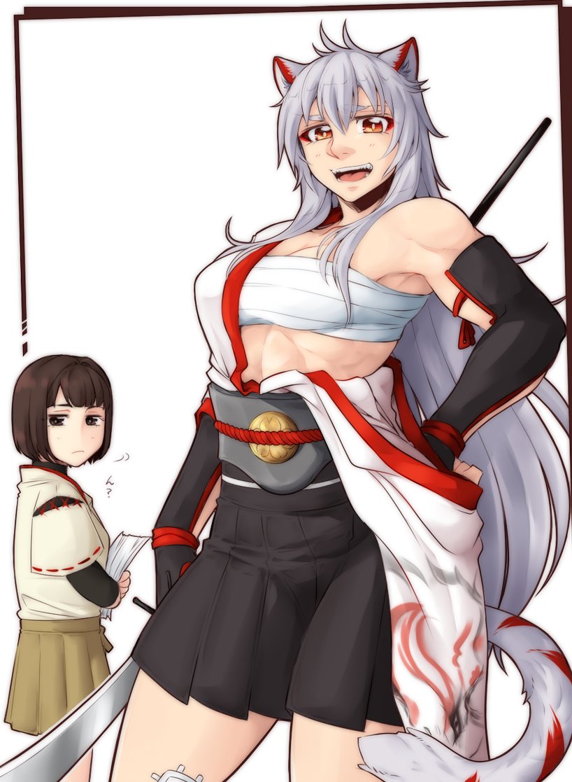 2girls animal_ears armor azur_lane bandaid bandaid_on_leg black_hakama black_skirt breasts brown_eyes brown_hair brown_hakama cleavage commentary_request contrapposto cowboy_shot crossover grey_hair hadanugi_dousa hakama hakama_short_skirt hakama_skirt hand_on_own_hip historical_name_connection holding holding_polearm holding_weapon hyuuga_(azur_lane) hyuuga_(kancolle) japanese_armor japanese_clothes kantai_collection kimono kote long_hair looking_at_viewer medium_breasts multiple_girls muscular muscular_female naginata name_connection neko_majin nontraditional_miko open_clothes open_kimono open_mouth orange_eyes polearm ribbon-trimmed_sleeves ribbon_trim sarashi short_hair skirt smile tail teeth very_long_hair weapon white_background white_kimono