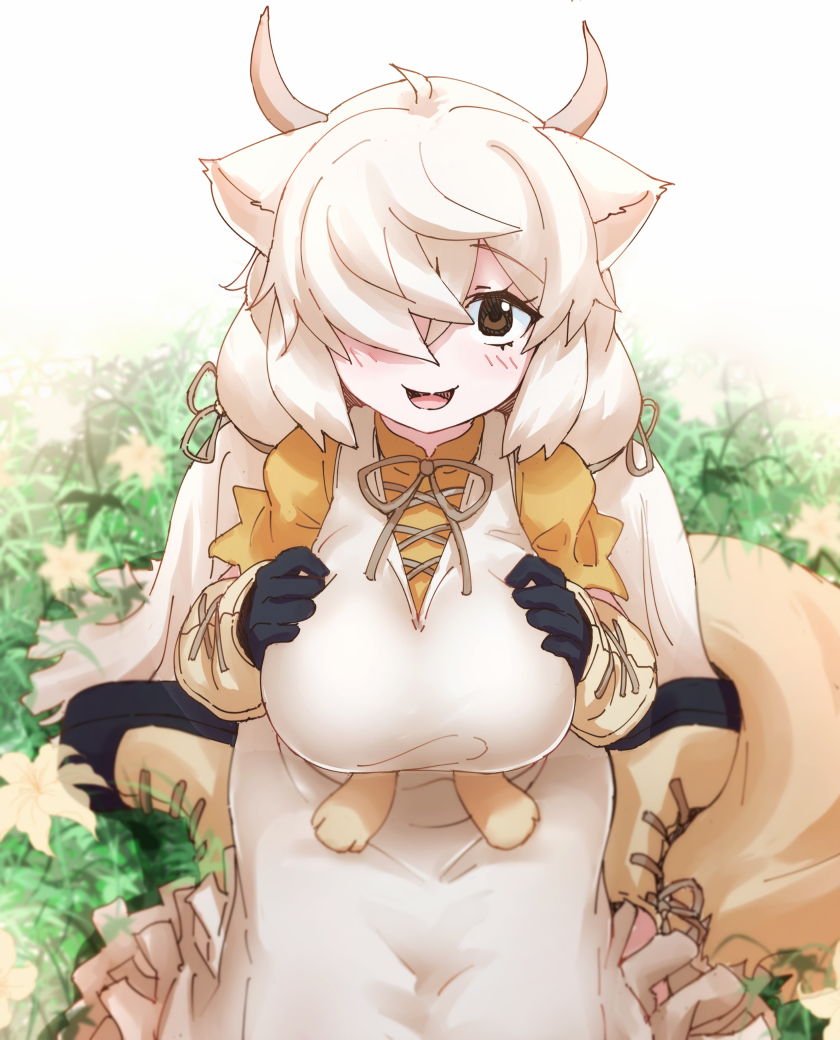 1girl black_boots black_gloves blush boots bow bowtie brown_bow brown_bowtie brown_eyes dress flower frilled_sleeves frills from_above gloves grass hair_over_one_eye kemono_friends kneeling long_dress long_hair looking_at_viewer looking_up lowlandgorilla multicolored_boots ox_ears ox_girl ox_horns shirt sidelocks smile solo t-shirt twintails two-tone_boots two-tone_gloves white_boots white_dress white_gloves white_hair yak_(kemono_friends) yellow_shirt