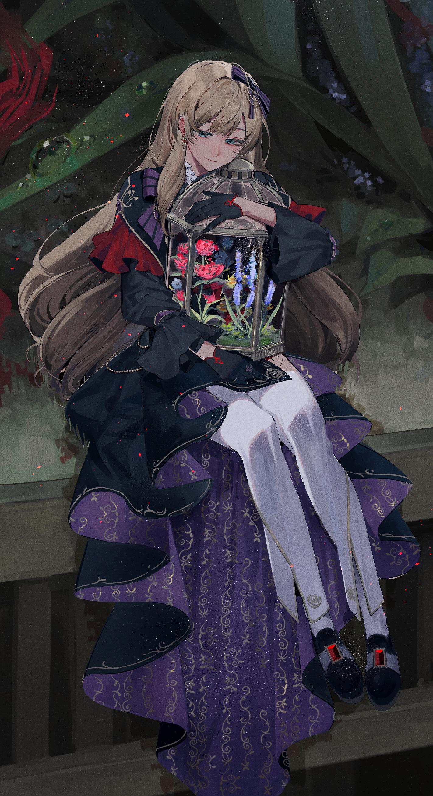 1girl absurdres alternate_costume anight black_coat black_gloves black_shoes blonde_hair blue_eyes blunt_bangs bow coat dew_drop earrings ensemble_stars! floral_print flower frilled_shirt_collar frilled_sleeves frills full_body gem gloves gold_trim hair_bow half_gloves herbarium highres hugging_object humanization jewelry lavender_(flower) loafers long_coat long_hair long_sleeves looking_at_object mademoiselle_(ensemble_stars!) oversized_flower pants patterned_clothing purple_bow red_flower red_gemstone red_rose rose rose_print shirt shoes sitting smile socks solo striped_bow two-sided_coat two-sided_fabric water_drop wavy_hair white_pants white_shirt white_socks yellow_flower