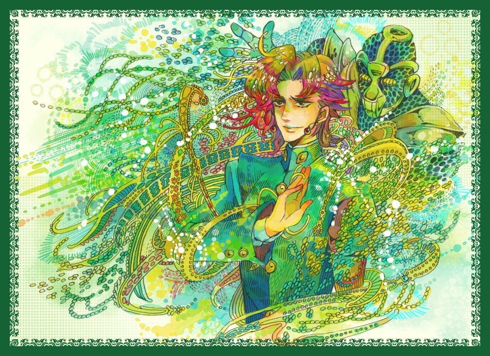 1boy border colorful earrings gakuran green_hair hierophant_green jewelry jojo_no_kimyou_na_bouken kakyoin_noriaki male_focus multicolored_hair nosuke_(umiboshi) pink_hair purple_hair red_eyes red_hair school_uniform solo stand_(jojo) stardust_crusaders