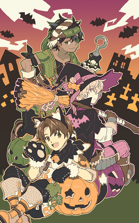 3boys alternate_costume animal_ears animal_hands bandages bat_(animal) bell black_hair boots bow broom brown_hair cat_boy cat_ears cat_paws collar dark-skinned_male dark_skin earrings eyepatch fire_emblem fire_emblem_echoes:_shadows_of_valentia gloves gray_(fire_emblem) green_eyes halloween_costume hat headband hook hook_hand jack-o&#039;-lantern jewelry kliff_(fire_emblem) leaf male_focus multiple_boys neck_bell night night_sky nintendo orange_eyes pirate_costume pumpkin purple_eyes sitting sky tobin_(fire_emblem) tombstone white_hair witch_hat
