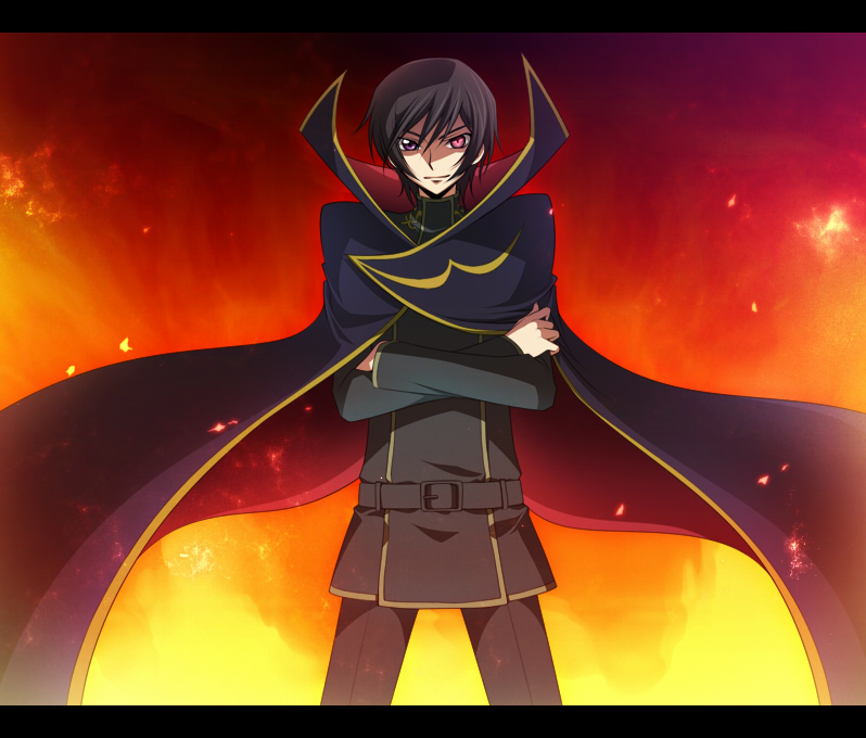 00s 1boy black_hair cape code_geass crossed_arms geass grin jyuru lelouch_vi_britannia male_focus purple_eyes smile solo zero_(code_geass)