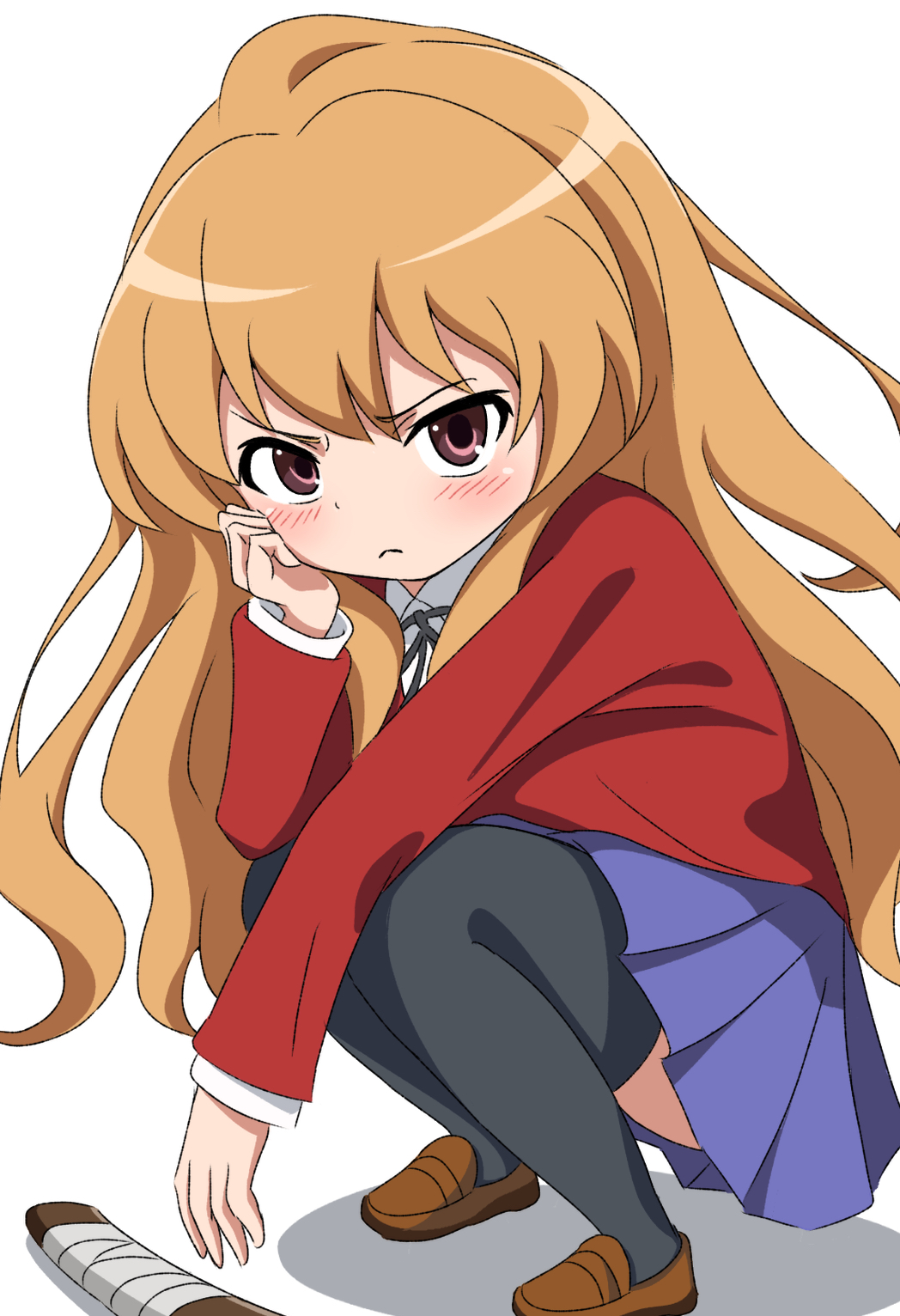 1girl aisaka_taiga arm_on_knee black_ribbon black_thighhighs blazer blue_skirt blush bokken brown_eyes brown_hair brown_shoes closed_mouth collared_shirt commentary full_body highres jacket loafers long_hair looking_at_viewer neck_ribbon oohashi_high_school_uniform pleated_skirt red_jacket ribbon school_uniform shadow shirt shoes silky_(silky_illust) simple_background skirt solo squatting sword thighhighs toradora! weapon white_background white_shirt wooden_sword