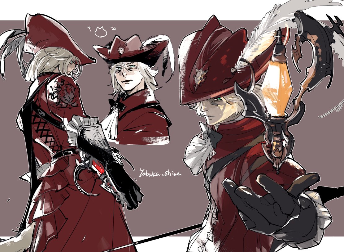 1boy blue_eyes cat_tail coat cowboy_shot final_fantasy final_fantasy_xiv gauntlets hat hat_feather male_focus miqo&#039;te multiple_views red_coat red_hat red_mage_(final_fantasy) shadow signature sunlight tail white_hair x&#039;rhun_tia yabuka_shiwa