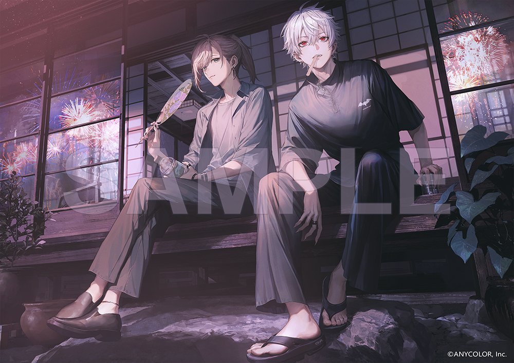 2boys aerial_fireworks animal_print anklet architecture bat_print black_nails black_pants black_shirt black_shoes bottle bracelet brown_hair can copyright_notice crossed_legs ear_piercing earrings east_asian_architecture fingernails fireworks flip-flops full_body grey_eyes grey_jacket grey_shirt hair_between_eyes hand_fan holding holding_bottle holding_can holding_fan jacket jewelry kanae_(nijisanji) kuzuha_(nijisanji) loafers long_hair long_sleeves looking_up male_focus matsuo_shogo mole mole_under_eye mouth_hold multiple_boys multiple_rings night nijisanji official_art open_clothes open_jacket pants paper_fan piercing plant platform_sandals pointy_ears ponytail popsicle_stick porch potted_plant red_eyes reflection ring sample_watermark sandals sharp_fingernails shirt shoes short_sleeves shouji sideways_glance sitting sliding_doors smile swept_bangs three-quarter_sleeves thumb_ring uchiwa veranda virtual_youtuber water_bottle watermark white_hair wing_collar zipper zipper_pull_tab