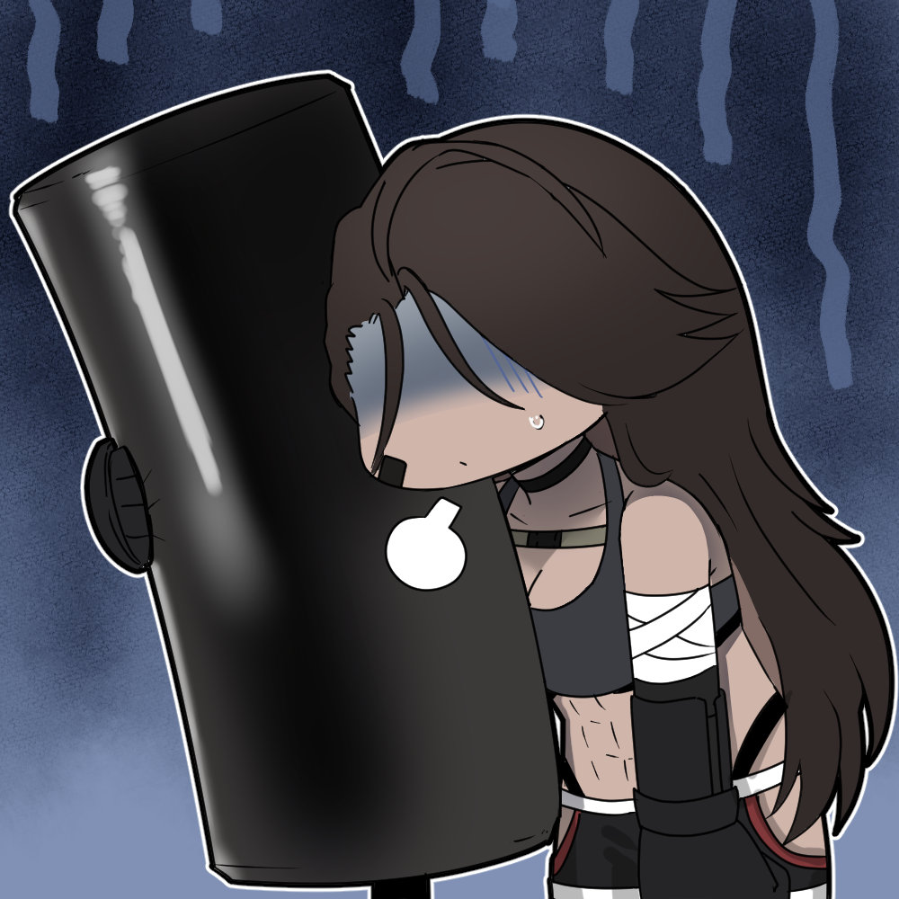 1girl artist_request bandaged_arm bandages black_shorts black_sports_bra boxing_gloves brown_hair chibi chibi_only chinese_commentary dark-skinned_female dark_skin exhausted girls&#039;_frontline girls&#039;_frontline_neural_cloud gloom_(expression) hip_vent long_hair magnhilda_(neural_cloud) muscular muscular_female official_art partially_shaded_face puff_of_air punching_bag second-party_source shorts sports_bra