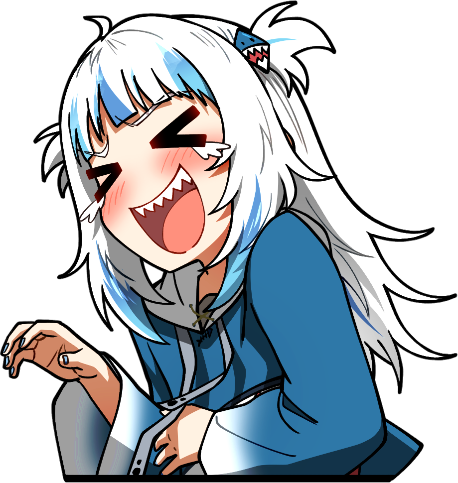 &gt;_&lt; 1girl :d blue_hair blue_hoodie blunt_bangs blush closed_eyes commentary crying ddolbang gawr_gura gawr_gura_(1st_costume) hair_ornament hololive hololive_english hood hood_down hoodie laughing long_hair multicolored_hair open_mouth sharp_teeth short_twintails smile solo teeth transparent_background twintails two-tone_hair virtual_youtuber white_hair xd