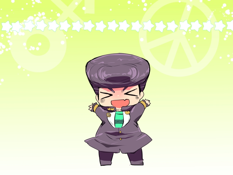 &gt;_&lt; 1boy bakanoise chibi closed_eyes fang gakuran higashikata_josuke jojo_no_kimyou_na_bouken male_focus pompadour purple_hair sadahara_inako school_uniform solo