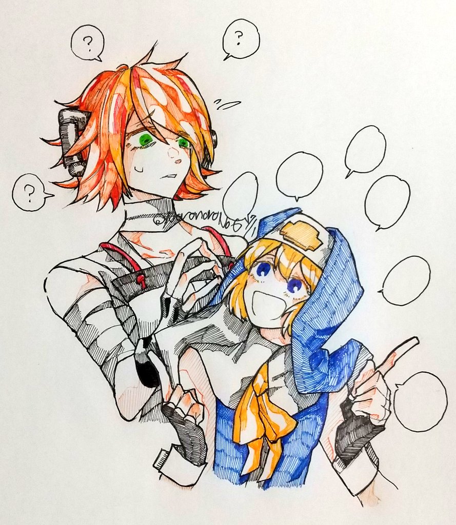 1boy 1girl ? a.b.a bags_under_eyes bandaged_chest bandages black_gloves blonde_hair blue_dress blue_eyes bridget_(guilty_gear) cuffs dress fingerless_gloves gloves green_eyes guilty_gear guilty_gear_xx habit homunculus key_in_head looking_at_another looking_back noronorono6 nun object_through_head open_mouth pale_skin red_hair ribbon short_hair smile trap yellow_ribbon