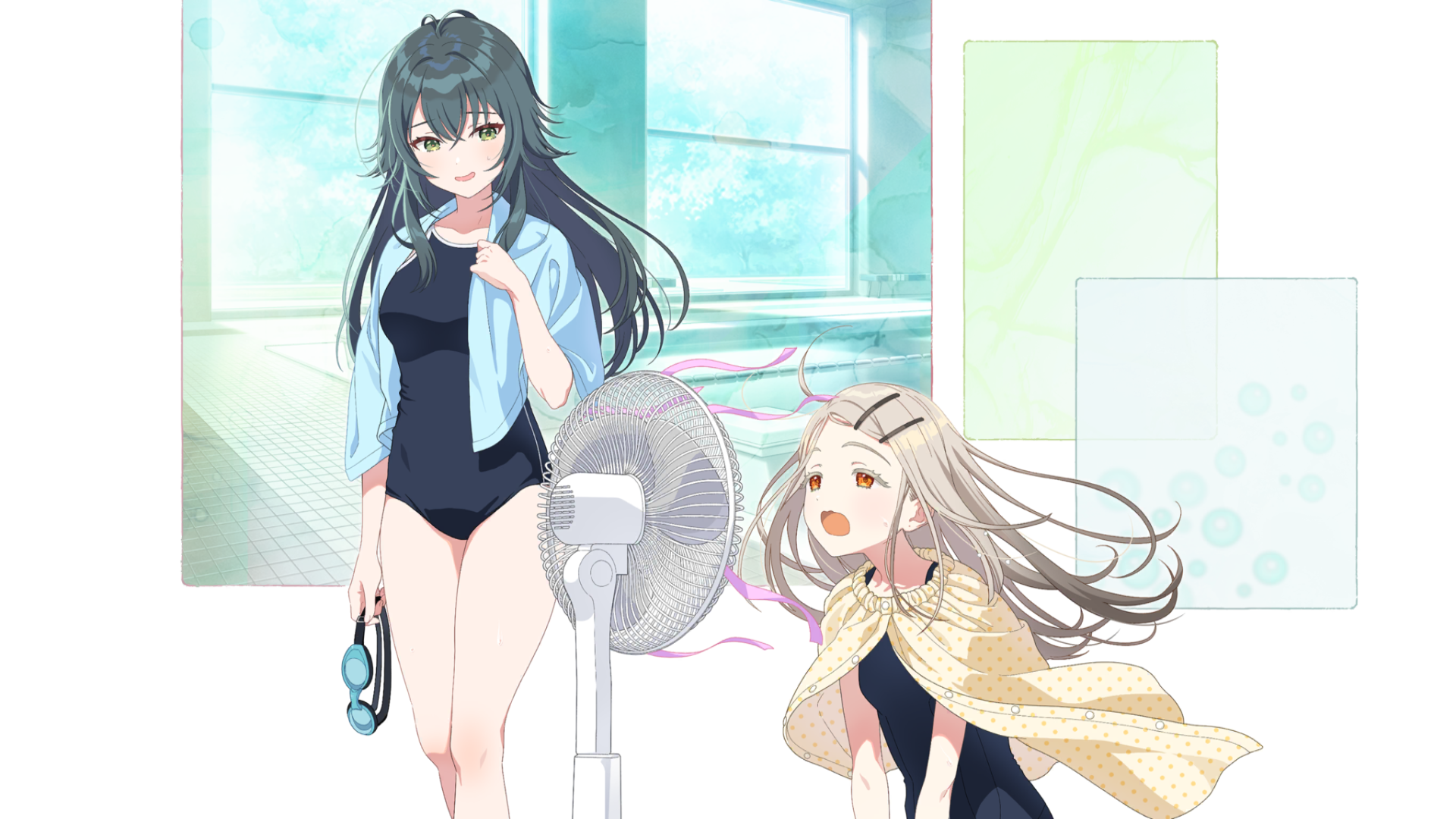 2girls black_hair blonde_hair buttons electric_fan gakuen_idolmaster game_cg goggles green_eyes green_hair hair_ornament hairclip highres holding idolmaster multicolored_hair multiple_girls official_art one-piece_swimsuit open_mouth orange_eyes polka_dot shinosawa_hiro swimsuit tile_floor tiles towel tsukimura_temari window