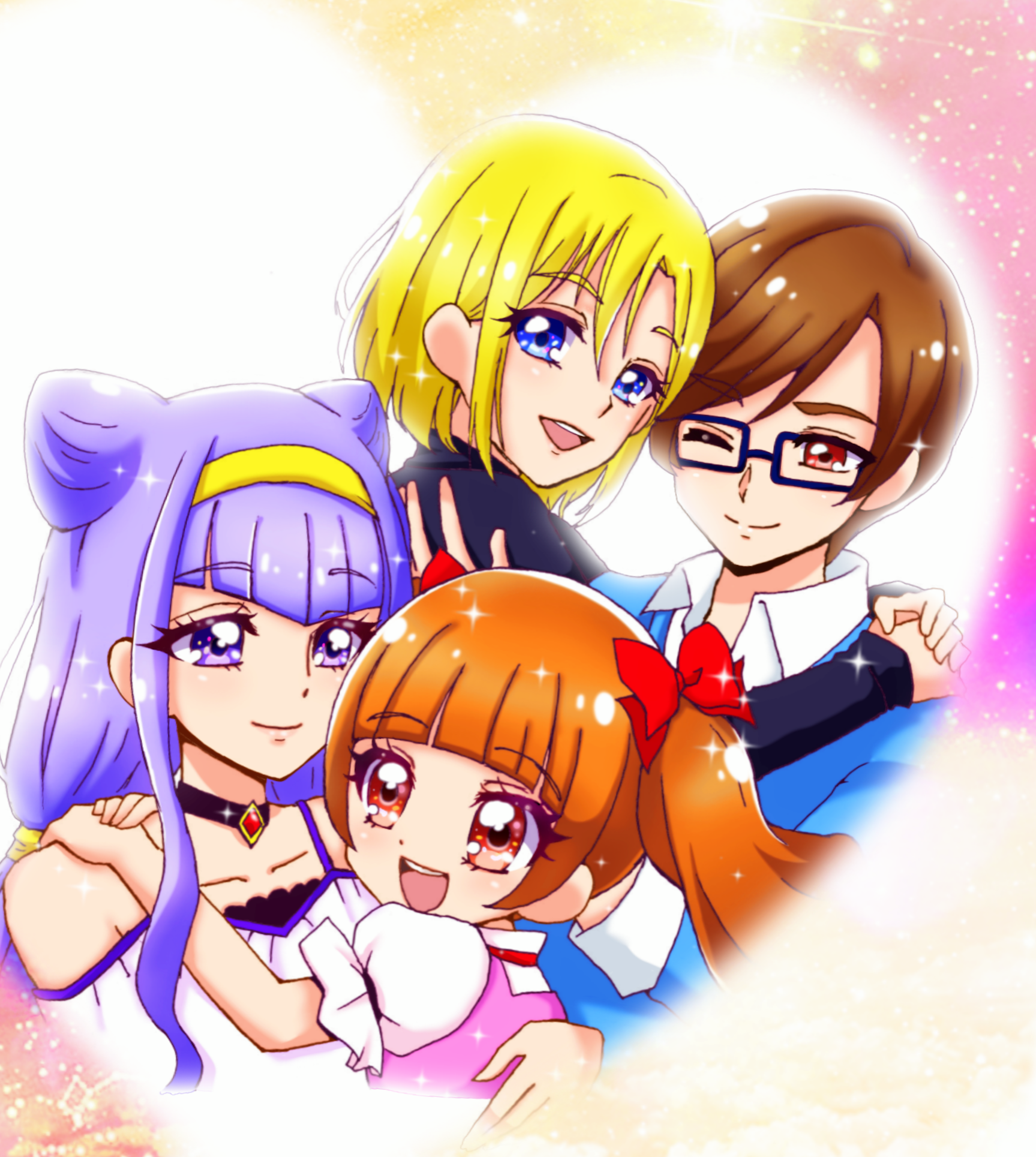 10s 2boys 2girls ;) aisaki_emiru aisaki_masato blonde_hair blue_eyes bow brother_and_sister brown_hair colored_eyelashes cone_hair_bun couple glasses hair_bow hair_bun hairband highres hug hugtto!_precure multiple_boys multiple_girls one_eye_closed orange_hair precure purple_hair rectangular_eyewear red_bow reira_(reomimi0211) ruru_amour siblings smile twintails wakamiya_henri yaoi yuri