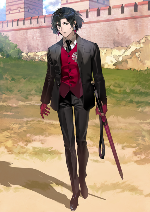 1boy arms_at_sides black_hair black_jacket black_necktie black_pants black_shoes black_suit buttons closed_mouth collared_shirt constantine_xi_(fate) dress_pants dress_shirt earrings expressionless fate/grand_order fate_(series) formal_clothes full_body game_cg gloves grey_eyes hair_between_eyes holding holding_sheath holding_sword holding_weapon jacket jewelry kurahana_chinatsu lapels long_sleeves looking_at_viewer male_focus necktie notched_lapels official_art open_clothes open_jacket outdoors pants red_gloves red_vest sheath sheathed shirt shoes short_hair solo standing suit suit_jacket sword third-party_source vest waistcoat weapon white_shirt wing_collar