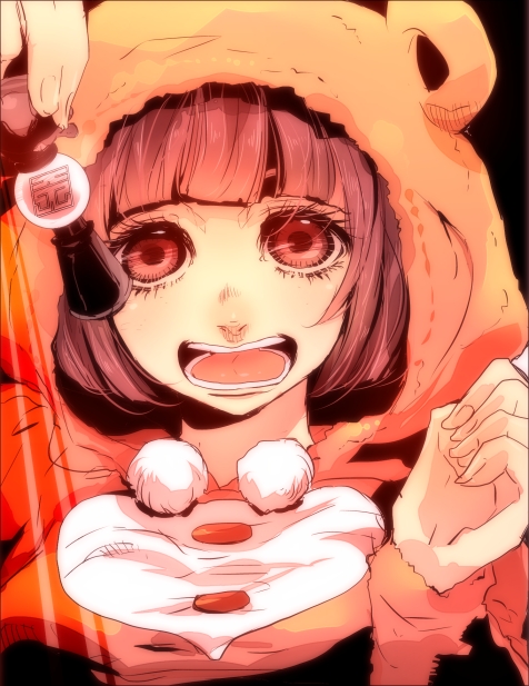 1girl :d bakanoise black_hair chess_piece female_focus higashikata_daiya hood jojo_no_kimyou_na_bouken jojolion open_mouth purple_hair red_eyes sadahara_inako short_hair smile solo