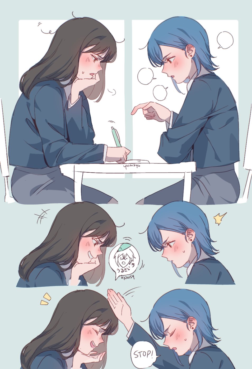 +++ 2girls ^^^ alternate_universe animification artist_name bilingual_text black_hair blue_hair blue_jacket blush chop collared_shirt commentary crossed_bangs dress dress_shirt elbow_on_table english_text grey_dress grin highres holding holding_pencil jacket long_hair long_sleeves love_live! love_live!_superstar!! mechanical_pencil mixed-language_text motion_lines multiple_girls nose_blush ookuma_wakana open_clothes open_jacket orange_eyes pencil pinafore_dress profile real_life school_uniform shirt short_dress short_hair signature sitting sleeveless sleeveless_dress smile speech_bubble studying voice_actor voice_actor_connection wakana_shiki white_shirt winter_uniform writing yuigaoka_school_uniform yumayu