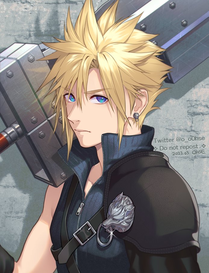 1boy armor belt_buckle black_sleeves blonde_hair blue_eyes blue_shirt buckle closed_mouth cloud_strife dated detached_sleeves earrings final_fantasy final_fantasy_vii final_fantasy_vii_advent_children high_collar huge_weapon jewelry looking_at_viewer male_focus ohse over_shoulder ribbed_shirt shirt short_hair shoulder_armor sidelocks single_bare_shoulder single_earring single_sleeve solo spiked_hair stud_earrings swept_bangs sword sword_over_shoulder twitter_username upper_body weapon weapon_over_shoulder wolf