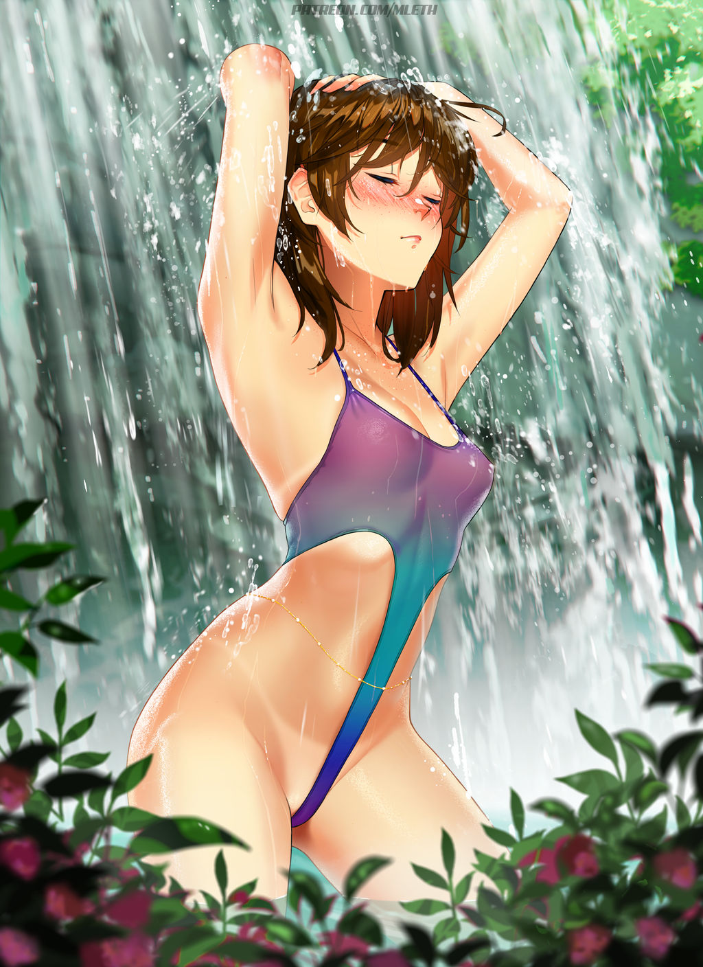 1girl ahoge armpits arms_up artist_name bathing belly_chain blush body_jewelry breasts brooke_(mleth) brown_hair cleavage closed_eyes closed_mouth cowboy_shot female_focus highres jewelry jungle medium_breasts medium_hair mleth nature one-piece_swimsuit patreon_username showering swimsuit tan tanline thighs water waterfall waterfall_shower watermark web_address wet wet_clothes