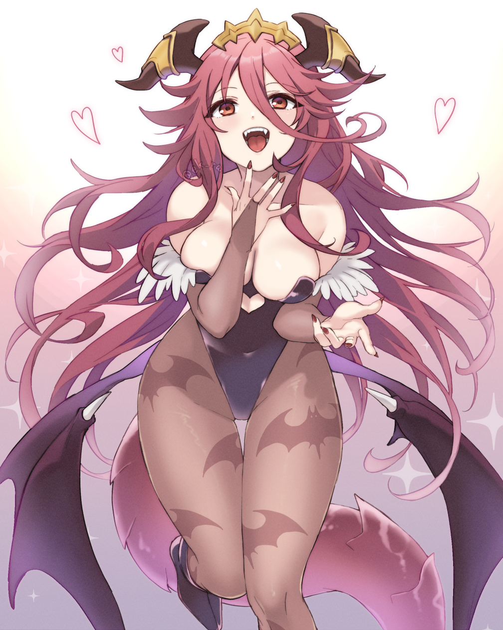 1girl animal_print bare_shoulders bat_print bat_wings black_footwear black_leotard breasts cosplay darkstalkers dragalia_lost dragon_girl dragon_horns dragon_tail ekra full_body hair_between_eyes heart highres horns large_breasts leotard long_bangs long_hair looking_at_viewer low_wings morrigan_aensland morrigan_aensland_(cosplay) mym_(dragalia_lost) nail_polish open_mouth pantyhose red_eyes red_hair red_nails solo tail teeth tongue very_long_hair white_background wings