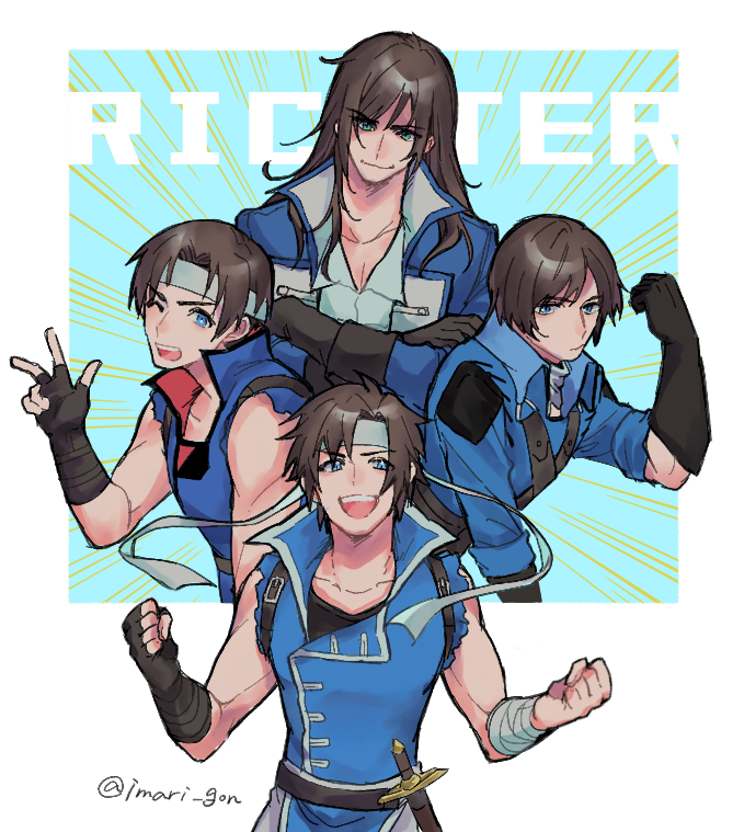 4boys bandaged_arm bandages black_gloves blue_coat blue_eyes brown_hair castlevania:_dracula_x_chronicles castlevania:_grimoire_of_souls castlevania:_rondo_of_blood castlevania:_symphony_of_the_night castlevania_(series) character_name coat commentary commentary_request crossed_arms english_text fingerless_gloves gloves green_eyes headband imari_gon long_hair looking_at_viewer male_focus multiple_boys official_alternate_costume one_eye_closed open_mouth richter_belmont shirt short_hair sleeves_rolled_up smile sword torn_clothes torn_sleeves weapon white_headband