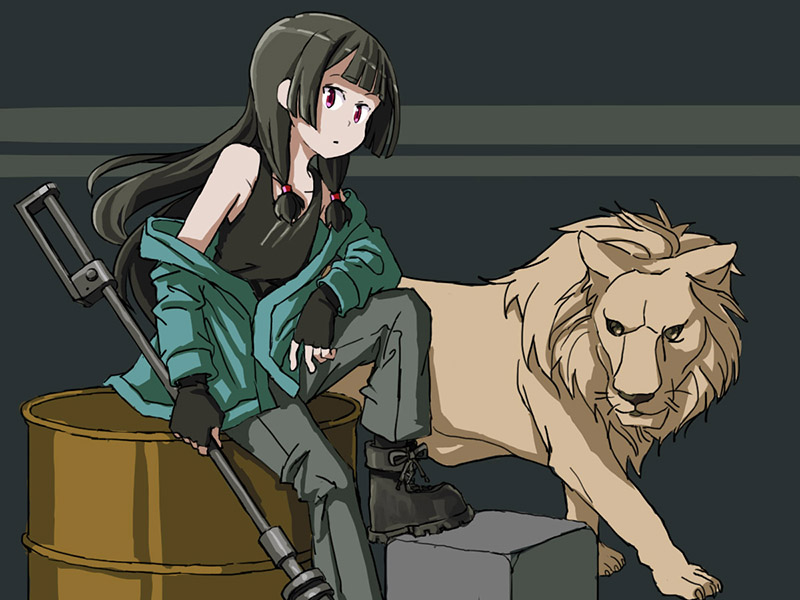 1girl 1other arknights black_gloves black_hair black_tank_top commentary cosplay drum_(container) english_commentary fingerless_gloves flat_chest gloves green_jacket grey_background grey_pants hair_ribbon isokaze_(kancolle) jacket kantai_collection kawasumi_ayako lion long_hair official_alternate_costume one-hour_drawing_challenge pants polearm red_eyes ribbon siege_(arknights) siege_(arknights)_(cosplay) siege_(legacy)_(arknights) sitting sixten tank_top tress_ribbon two-tone_background voice_actor_connection weapon