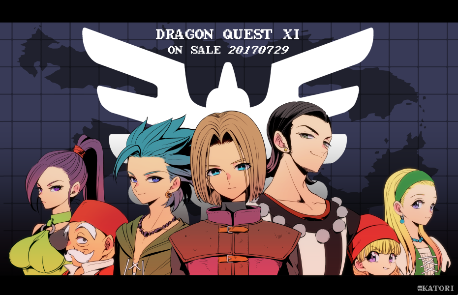 2017 3girls 4boys aqua_eyes artist_name bead_necklace beads black_border black_hair black_tank_top blonde_hair blue_eyes blue_hair border braid bright_pupils brown_hair camus_(dq11) collarbone commentary_request copyright_name cross-laced_clothes cross-laced_dress dated dragon_quest dragon_quest_iii dragon_quest_xi dress earrings facial_hair fez_hat grandfather_and_grandson green_bustier green_dress green_hairband green_tunic grey_eyes grid_background grin hair_pulled_back hairband hat hero_(dq11) high_ponytail in-franchise_crossover jewelry katori_(katokichi) looking_at_viewer looking_to_the_side low_twin_braids map martina_(dq11) medium_hair multiple_boys multiple_girls mustache necklace o-ring o-ring_top old old_man parted_hair ponytail purple_eyes purple_hair red_hat roto&#039;s_emblem row_(dq11) senya_(dq11) short_hair siblings single_bang sisters smile sphere_earrings striped_clothes stud_earrings sylvia_(dq11) tank_top tunic twin_braids twins upper_body veronica_(dq11) white_dress white_facial_hair white_pupils