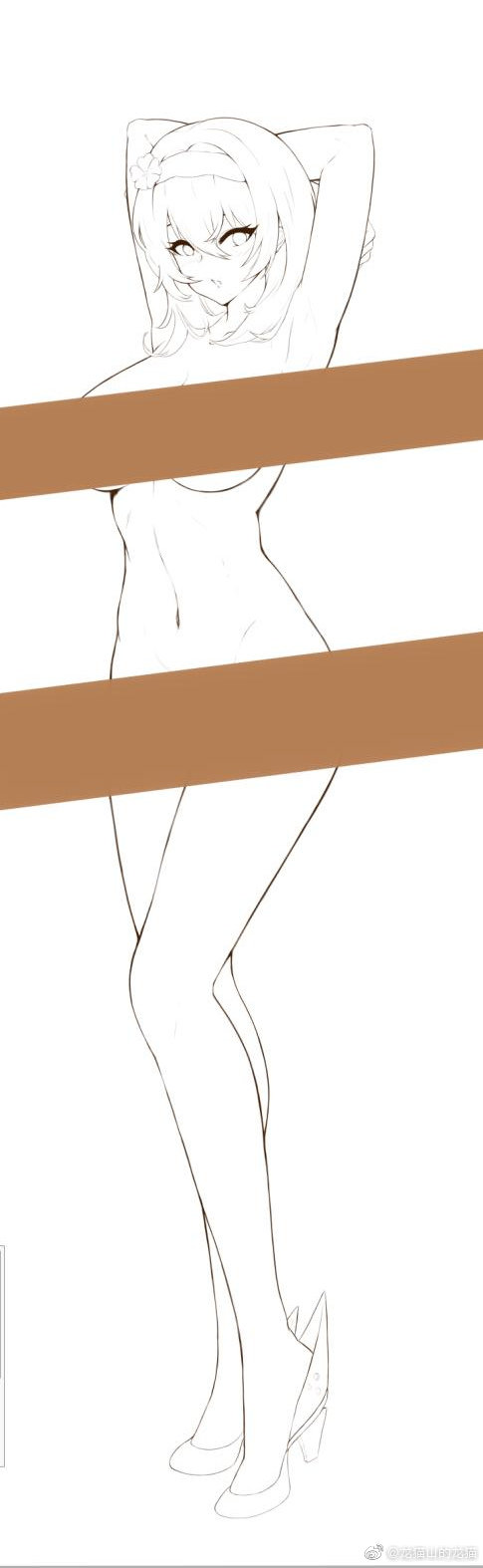 absurdly_long_hair armpits bdsm blonde_hair bondage bound breasts duke_of_york_(warship_girls_r) full_body hair_between_eyes hairband hei_ling high_heels highres large_breasts long_hair simple_background sketch solo standing stomach tagme unfinished very_long_hair warship_girls_r white_background