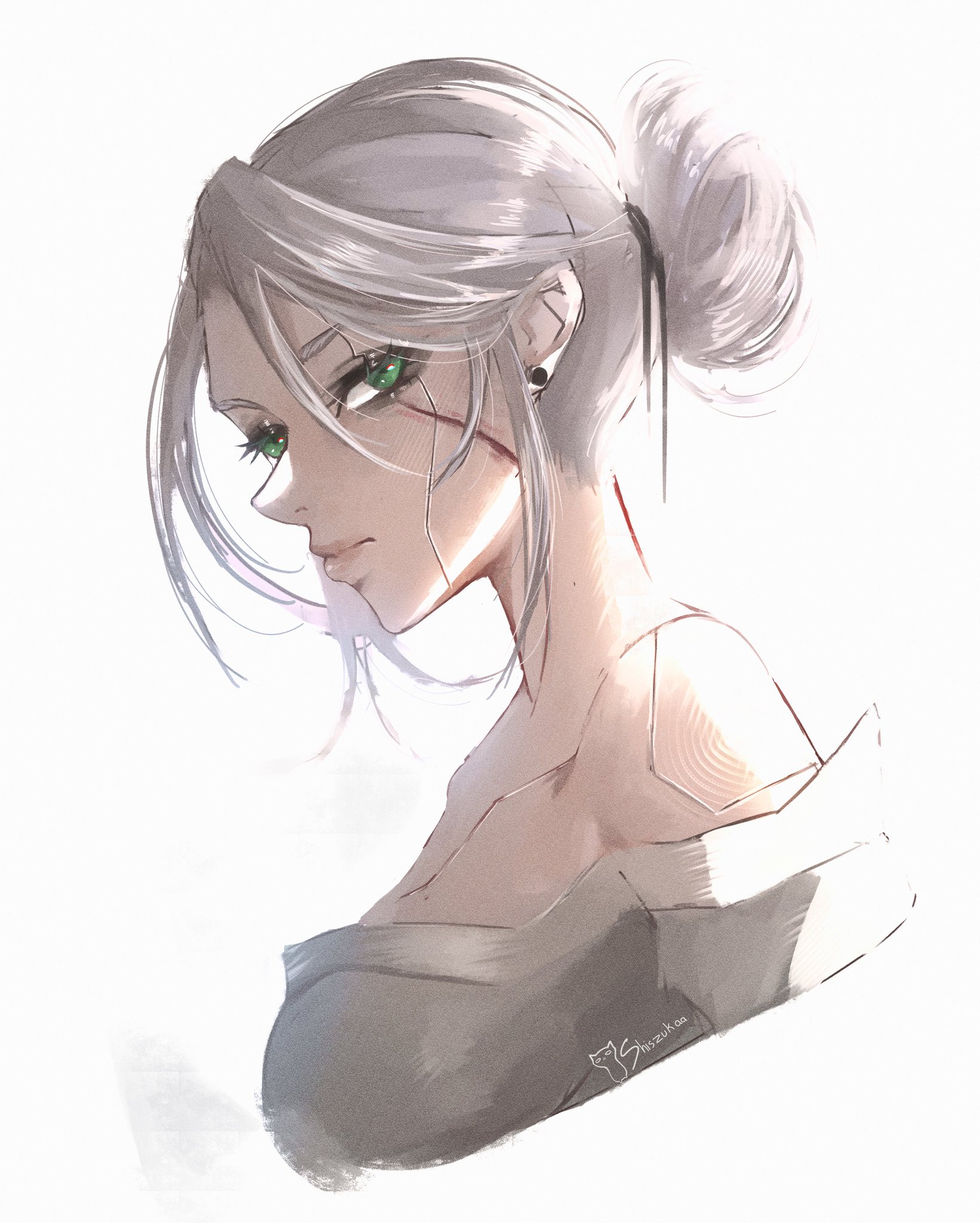 1girl ciri facial_scar green_eyes highres portrait scar scar_on_cheek scar_on_face second-party_source shirt shiszukaa signature solo the_witcher_(series) the_witcher_4 white_hair white_shirt