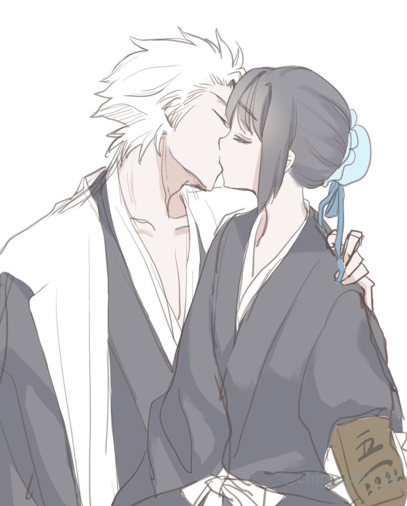 1boy 1girl black_hair black_kimono bleach blue_ribbon bun_cover ching1217_fei closed_eyes hair_bun hand_on_another&#039;s_shoulder hinamori_momo hitsugaya_toushirou japanese_clothes kimono kiss ribbon shihakusho sidelocks simple_background white_background white_hair
