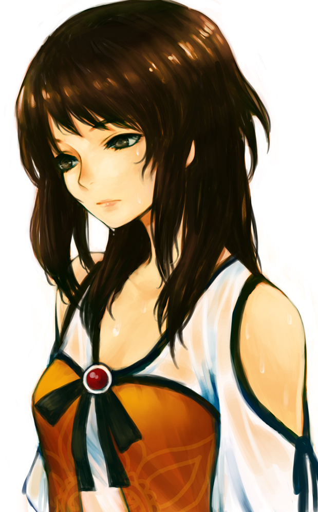 1girl breasts brown_hair clothing_cutout commentary_request expressionless fatal_frame fatal_frame_5 grey_eyes haruhito_(divineshalt) kozukata_yuuri long_hair looking_to_the_side shoulder_cutout simple_background small_breasts solo upper_body wet wet_clothes