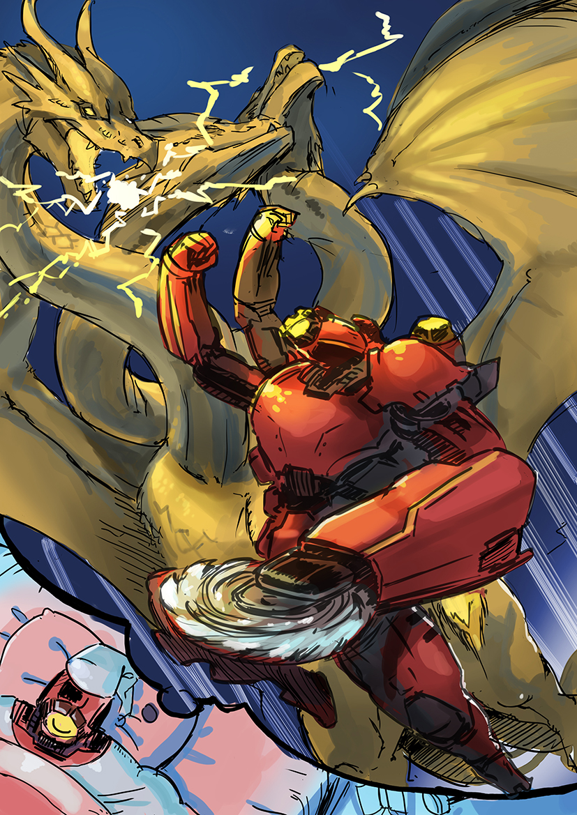 alien buzzsaw_(tool) circular_saw conjoined crimson_typhoon crossover dragon dream_bubble dreaming electricity energy energy_ball extra_arms godzilla_(series) hat hydra jaeger_(pacific_rim) kaiju king_ghidorah legendary_pictures lightning mecha monsterverse multiple_heads night nightcap no_humans one-eyed pacific_rim pandaneko8 pillow robot saw sleeping toho wings