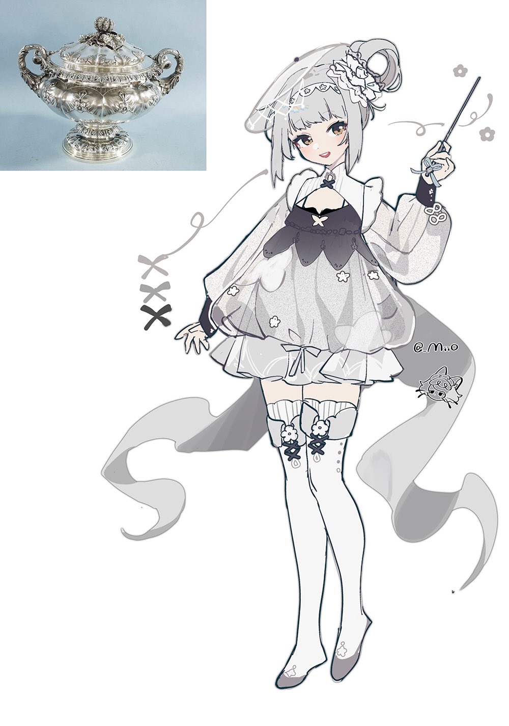 1girl arin_(fanfan013) back_bow black_bow black_bra black_dress blue_ribbon bow bra brown_eyes bubble_skirt chinese_commentary collared_shirt commentary_request cross-laced_clothes cross-laced_legwear dress dress_bow empire_waist eyelashes fishnets flat_chest floral_print flower frilled_dress frills full_body grey_bow grey_dress grey_footwear grey_hair hair_ornament hair_rings hair_scrunchie hairband high_collar high_heels highres holding holding_wand lace_hairband light_blush long_sleeves looking_at_viewer open_mouth original personification puffy_long_sleeves puffy_sleeves pumps reference_inset ribbon scrunchie see-through_clothes see-through_sleeves see-through_veil shirt short_dress short_hair shrug_(clothing) simple_background skirt smile solo spaghetti_strap teeth thighhighs twitter_username two-tone_dress underwear upper_teeth_only veil walnut wand white_background white_hairband white_scrunchie white_shrug white_sleeves white_thighhighs zettai_ryouiki