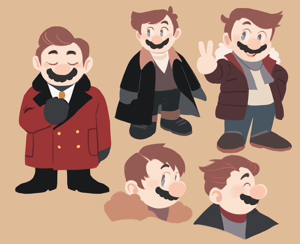 1boy 2018 alternate_costume alternate_hairstyle blush brown_background brown_hair coat facial_hair fashion full_body fur_trim gigi_d.g. gloves hand_in_pocket jacket mario mario_(series) multiple_views mustache nintendo parka portrait scarf short_hair