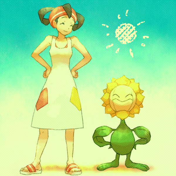 1990s_(style) 1girl ^_^ apron bare_shoulders black_hair closed_eyes dress gen_2_pokemon hands_on_own_hips johto_mother mature_female mother_(pokemon) nintendo pokemon pokemon_(creature) pokemon_gsc retro_artstyle sandals standing sun sunflora yapo_(mess) yapo_(pixiv)