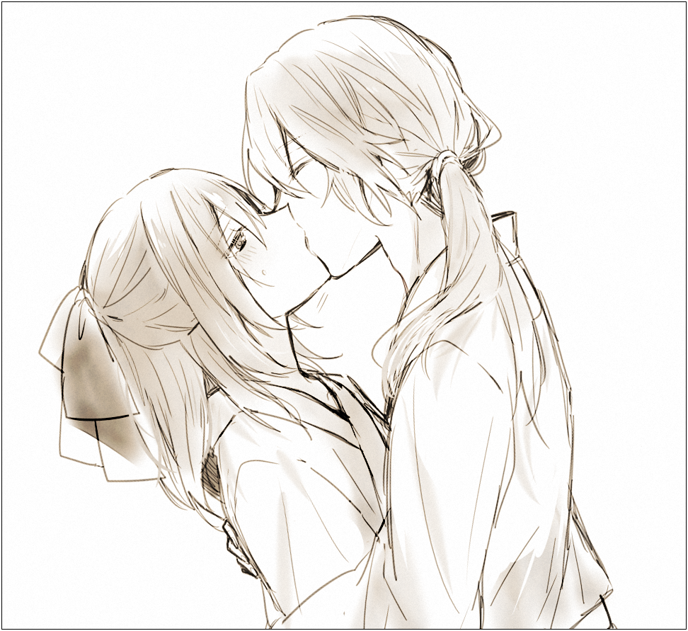 1boy 1girl ayazuki_mei blush closed_eyes french_kiss greyscale hair_ribbon hetero hishida_shunsou hug kiss low_ponytail meiji_tokyo_renka monochrome ponytail qi7pi ribbon side_ponytail sketch