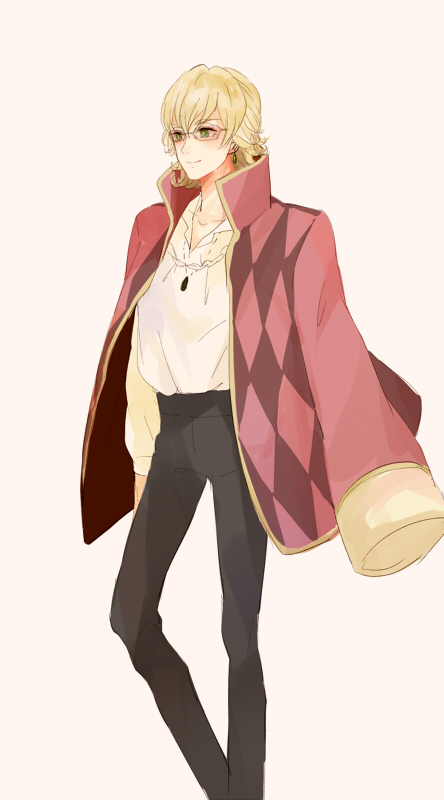 1boy 1girl argyle bad_id bad_pixiv_id barnaby_brooks_jr. blonde_hair cosplay female_focus glasses green_eyes high-waist_pants howl howl_(cosplay) howl_(howl_no_ugoku_shiro) howl_(howl_no_ugoku_shiro)_(cosplay) howl_no_ugoku_shiro jacket jacket_on_shoulders male_focus pants parody poco24 solo studio_ghibli tiger_&amp;_bunny