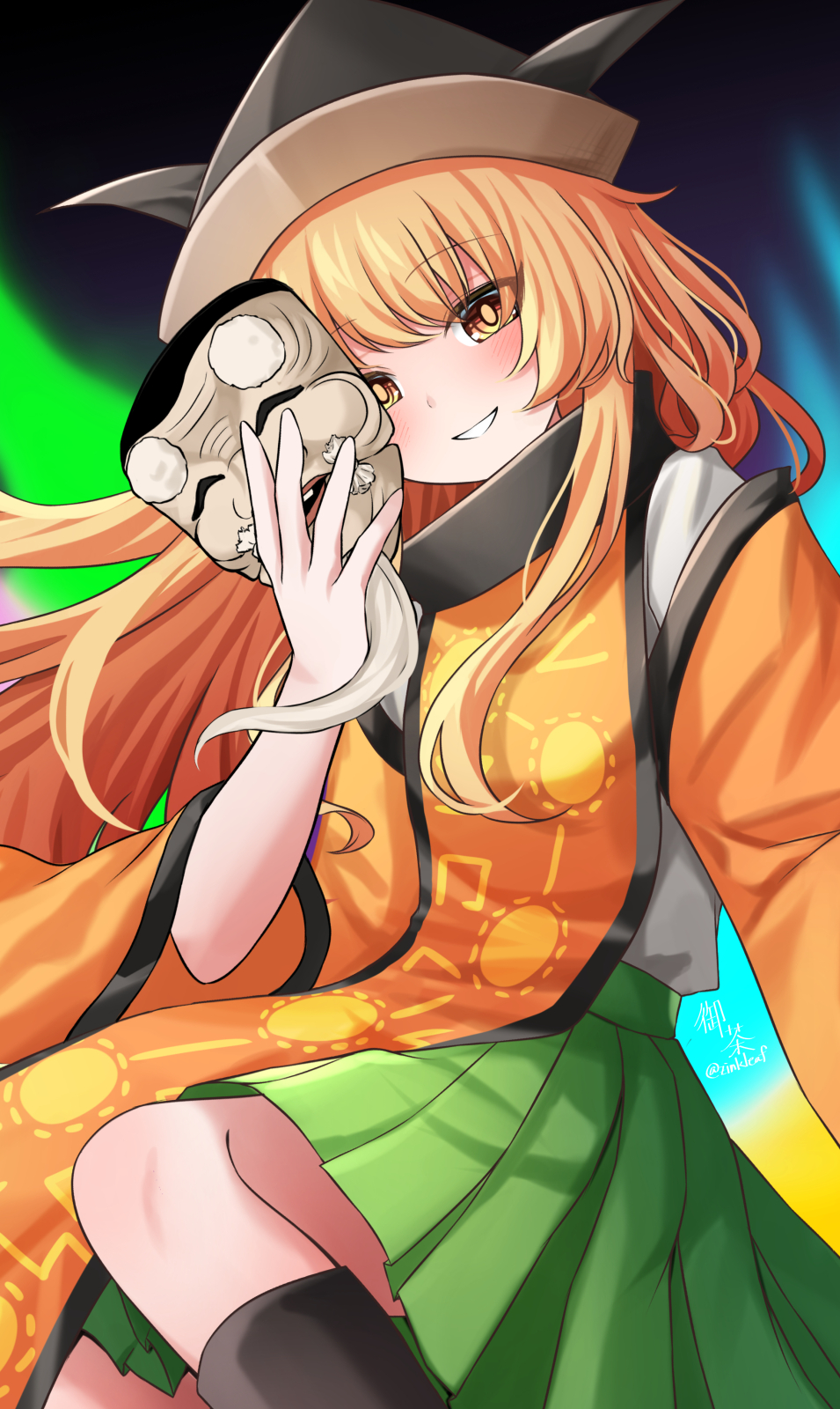 1girl artist_name black_headwear blonde_hair constellation_print green_skirt highres long_hair looking_at_viewer mask matara_okina multicolored_background noh_mask okina_mask shirt skirt smile solo theatre_mask touhou white_shirt yellow_eyes yellow_sleeves yellow_tabard yu_cha