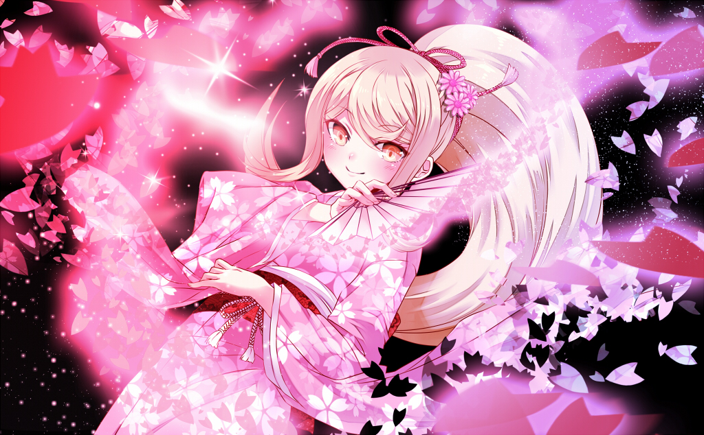 1girl black_background blonde_hair blush closed_mouth commentary_request danganronpa_(series) danganronpa_2:_goodbye_despair eyelashes flower hair_flower hair_ornament hand_fan holding holding_fan japanese_clothes kaikai kimono long_hair official_alternate_costume official_alternate_hairstyle pink_flower pink_kimono pink_petals ponytail saionji_hiyoko smile solo sparkle variant_set yellow_eyes